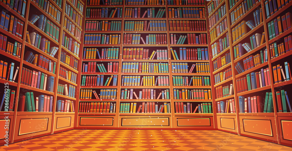 Vetor do Stock: Library book shelves cartoon vector illustration. | Adobe  Stock