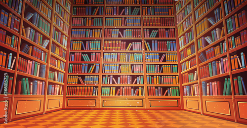 Library book shelves cartoon vector illustration.