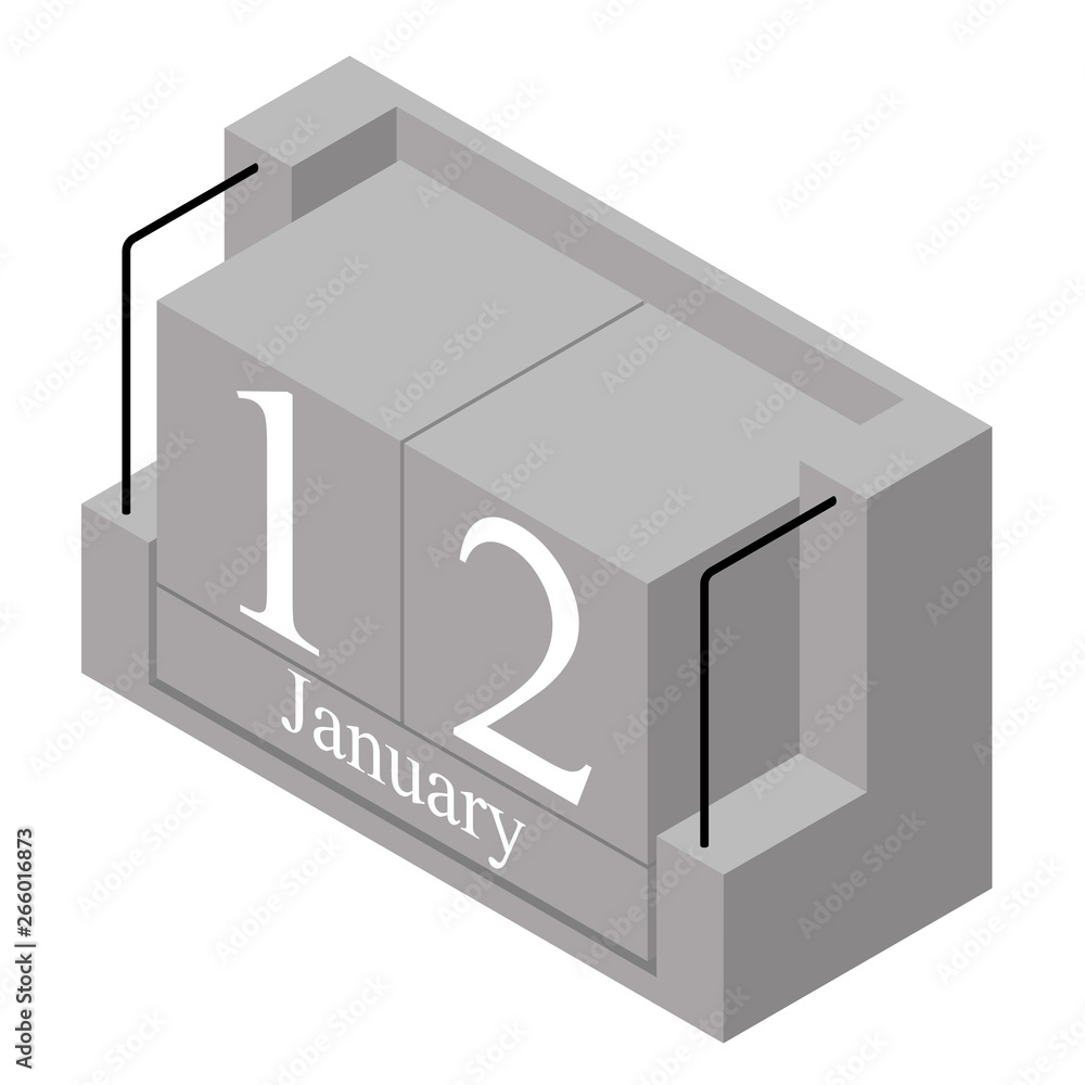 January 12th date on a single day calendar. Gray wood block calendar present date 12 and month January isolated on white background. Holiday. Season. Vector isometric illustration January 12th date on a single day calendar. Gray wood block calendar present date 12 and month January isolated on white background. Holiday. Season. Vector isometric illustration