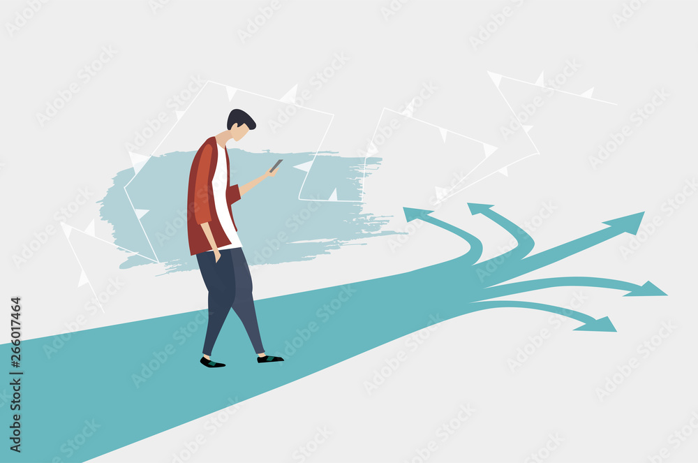Young man walking with mobile phone on the way with multiple directions and choices. Modern everyday life concept. Young man walking with mobile phone on the way with multiple directions and choices. Modern everyday life concept.
