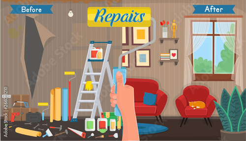 Living room before and after repair. Living room with chair, sofa, window, bookshelf. Vector flat cartoon illustration. 