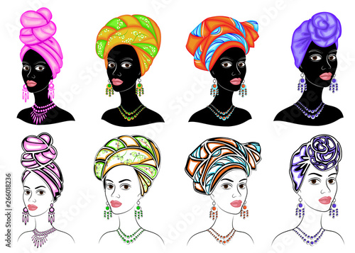 Collection. Silhouette of a head of a sweet lady. A bright shawl, a turban, tied to the head of an African-American girl. The woman is beautiful and stylish. Set of vector illustrations