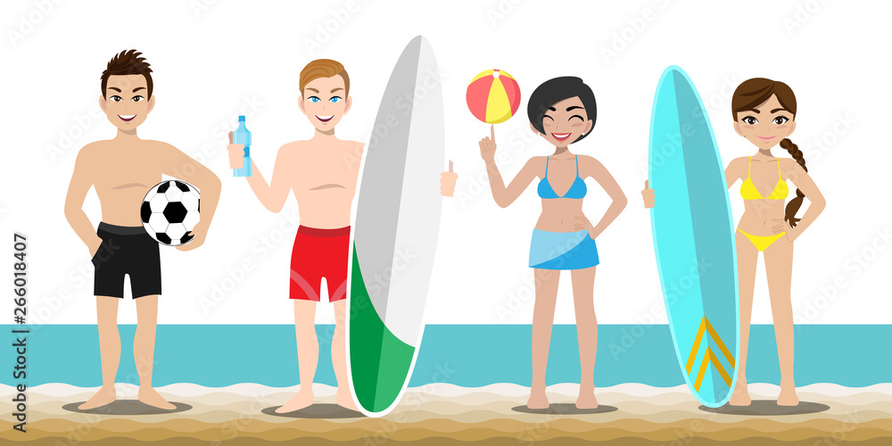 Summer season holiday. Cartoon character on the beach; Handsome man and pretty lady have activities on the beach vector Summer season holiday. Cartoon character on the beach; Handsome man and pretty lady have activities on the beach vector