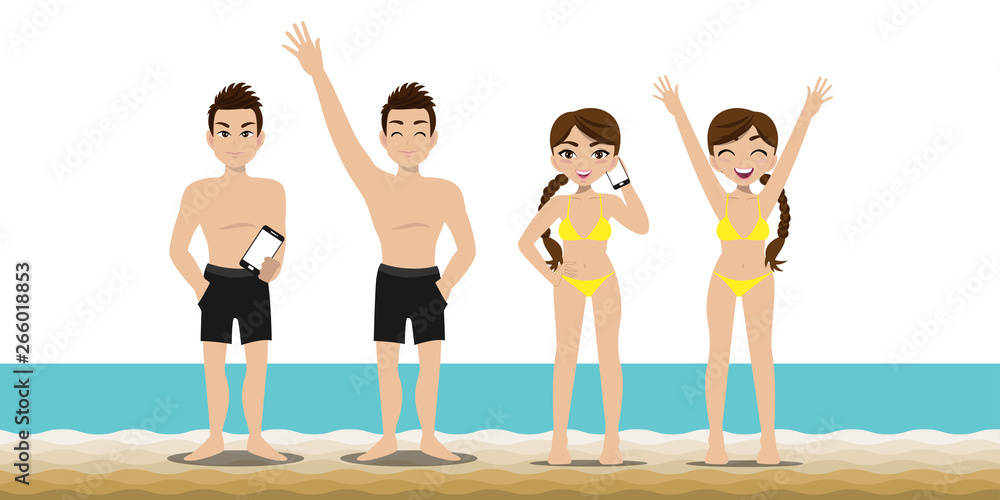 Summer season holiday. Cartoon character on the beach; Handsome man and pretty lady have activities on the beach vector Summer season holiday. Cartoon character on the beach; Handsome man and pretty lady have activities on the beach vector
