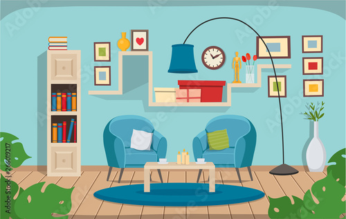 Living room with chairs, bookshelf, lamp. Flat сozy interior in cartoon flat style.