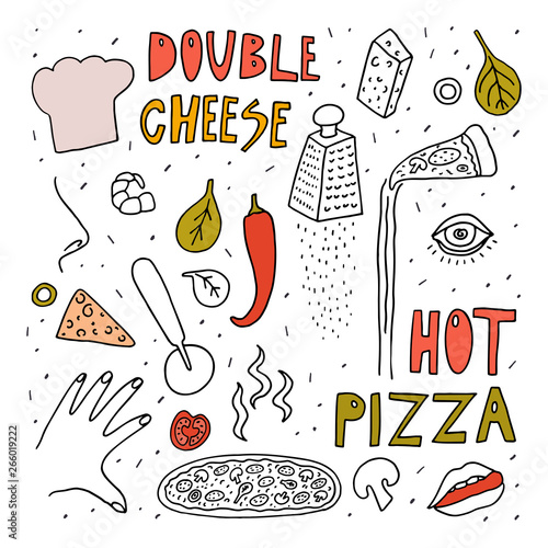 Pizza maker doodle style sketch . Freehand drawing with element of colors