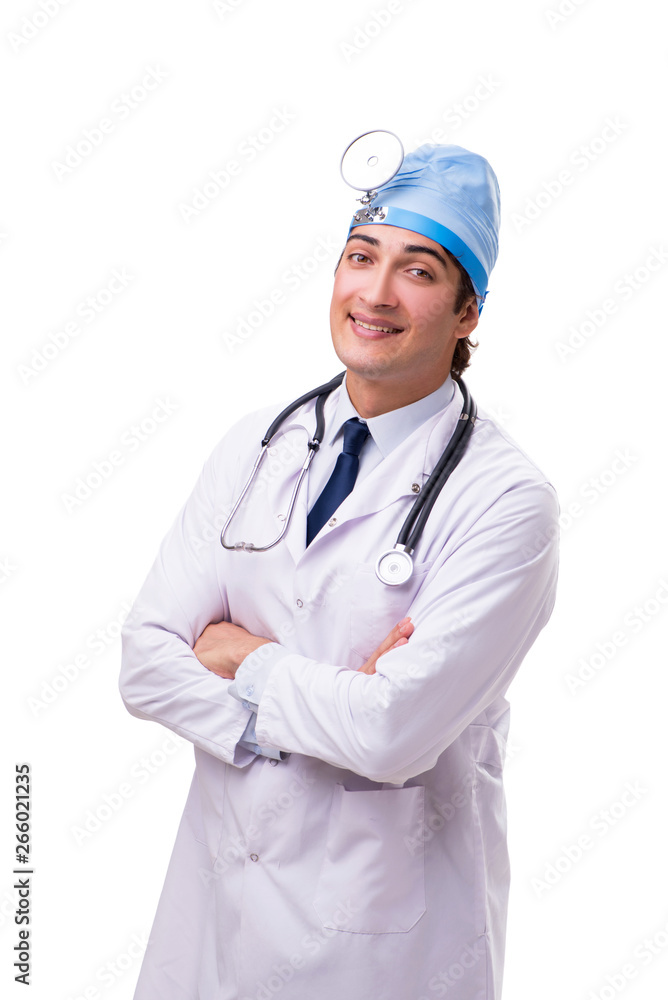 Young handsome doctor otolaryngologist isolated on white Young handsome doctor otolaryngologist isolated on white