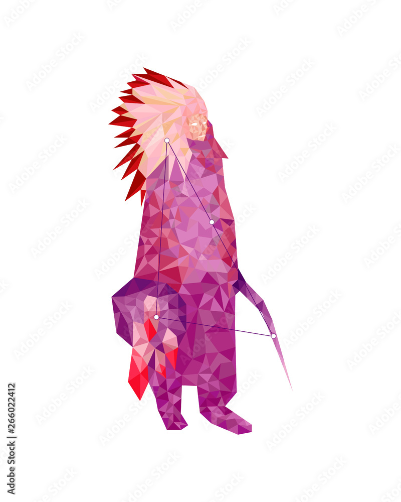 Fototapeta premium Indus – the indian constellation art of purple indian in polygonal style on grey background. Astrology indian icon. Low polygon isolated indian on grey background. Silhouette of man crystal design