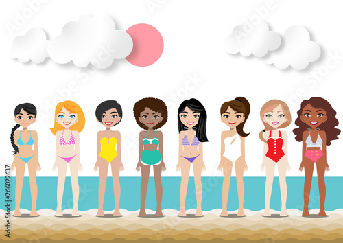 Summer season holiday background. Cartoon character design , Pretty lady in fashion swimming suite standing on the beach in summer season vector