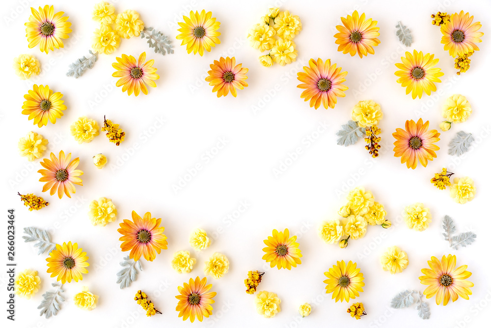 Frame made with yellow spring flowers and leaves on white background. Top view with copy space Frame made with yellow spring flowers and leaves on white background. Top view with copy space