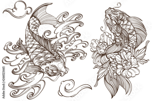 A set of outline black and white illustrations with sketches of carp koi tattoos.
