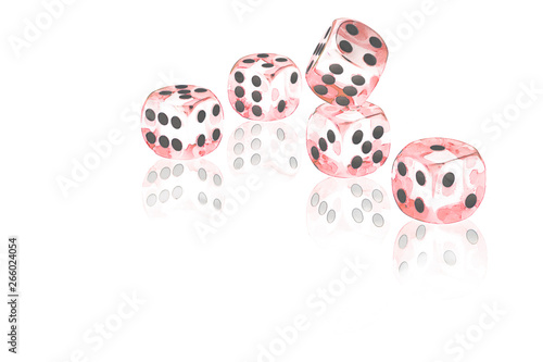 Five red dices on a white background
