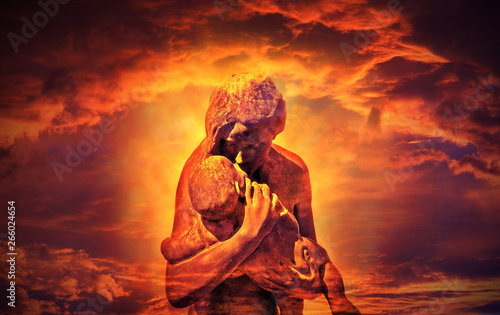 Loving sculpture of a mother holding a baby. A sculpture expressing the most tender and basic of all emotions.It is vertical in configuration.It describes complex human emotions in a sensitive way.