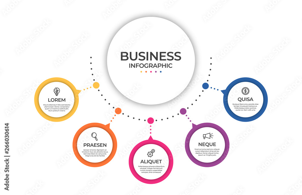 Business infographic template. Timeline concept for presentation, report, infographic and business data visualization. Round design elements with space for text Business infographic template. Timeline concept for presentation, report, infographic and business data visualization. Round design elements with space for text