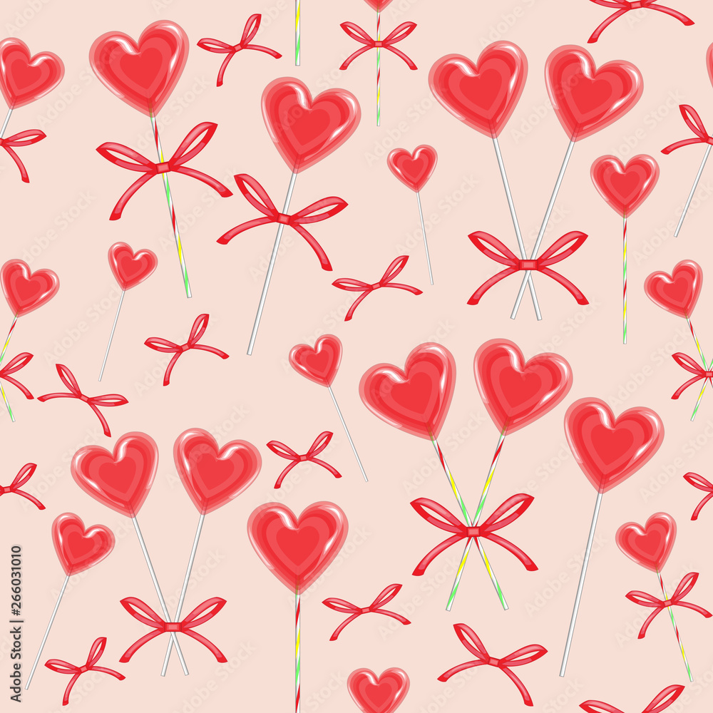 Seamless pattern. Red candy in the shape of heart bandaged with ribbon. Valentine's gift for St. Valentine's Day. Vector illustration