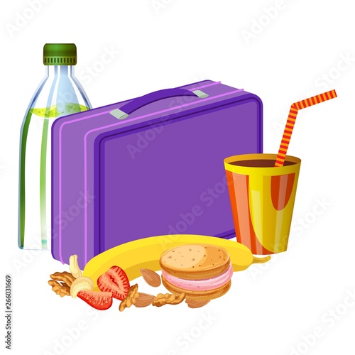 Violet lunchbox with drink icon. Cartoon of violet lunchbox with drink vector icon for web design isolated on white background
