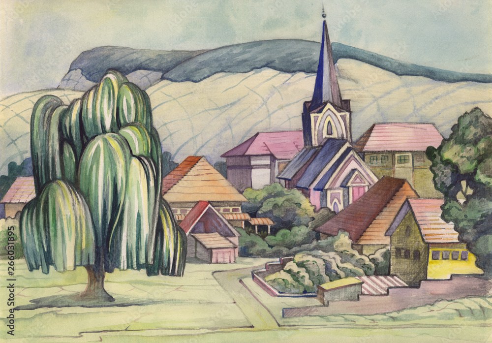 Landscape painted with water paint on paper.  Etude (sketch) performed in the open air. Romania, Blaj, city streets. Church.