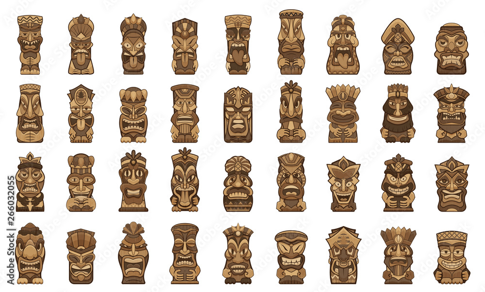 Tiki idols icons set. Cartoon set of tiki idols vector icons for web design - obrazy, fototapety, plakaty 