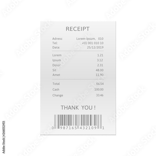 Receipts printed bills. Paper check, sell receipt or bill template
