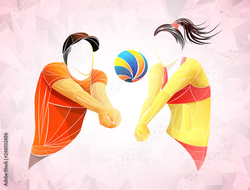 Professional volleyball players in action on the court. Abstract volleyball player