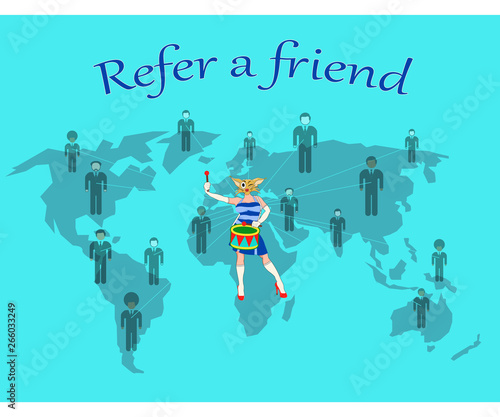 Against the background of the world map, a woman in a cat mask is participating as an animator in the action. Bring a friend