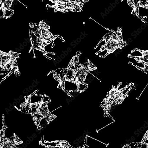 Seamless pattern of hand drawn sketch style abstract polo players isolated on black background. Vector illustration.