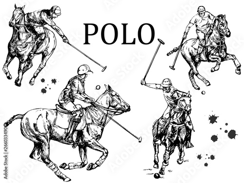 Set of hand drawn sketch style abstract polo players isolated on white background. Vector illustration.