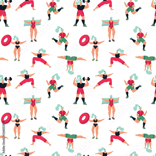 Women feminist seamless pattern. Girls doing sports. Poses of yoga, exercises for healthy lifestyle, swimming in pool. Trendy pattern with girls in summer swimsuits and sportswear. Body positive.