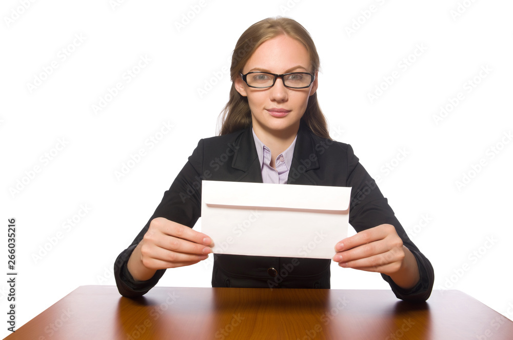 Female employee sitting at long table isolated on white Female employee sitting at long table isolated on white