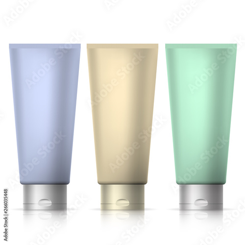 Set of tubes template for cosmetics, cream or medical ointment. Realistic vector mockup isolated on white background.