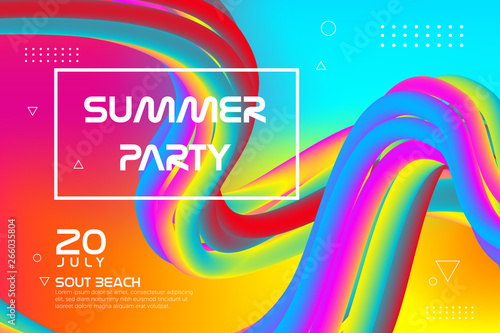 Colorful design backdrop. Abstract gradient geometric colorful wavy minimal background. Abstract fluid forms. Summer party modern template for greeting card, flyer, brochure or banner.