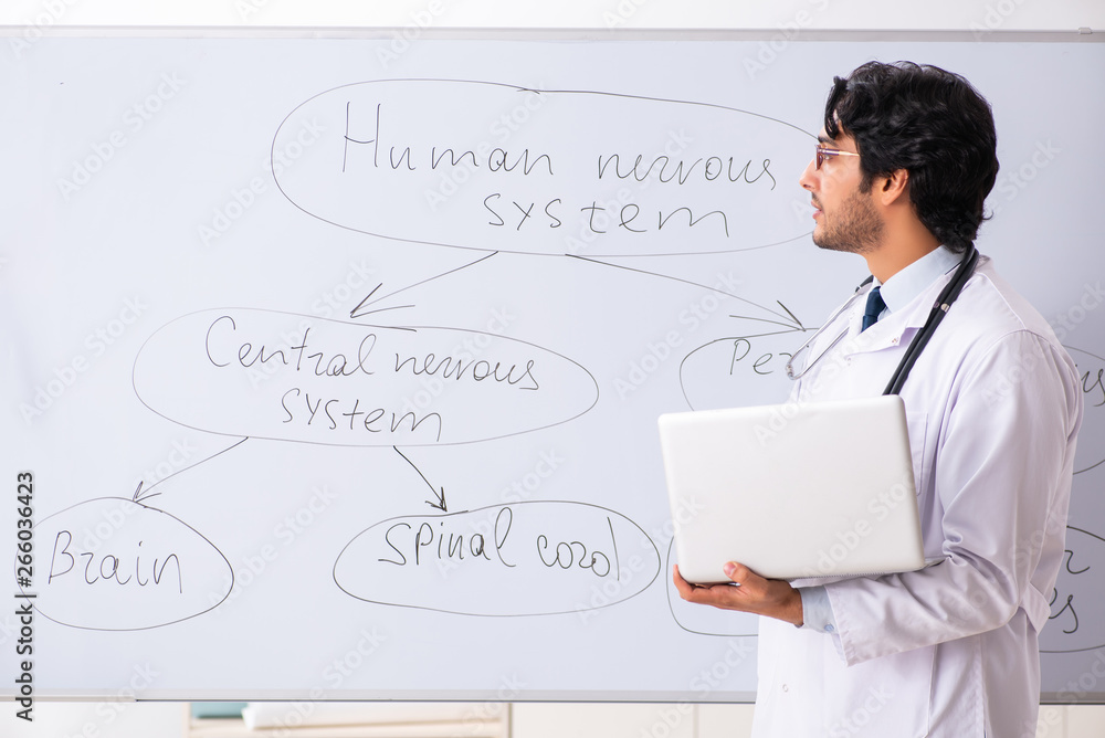 Young male doctor neurologist in front of whiteboard Young male doctor neurologist in front of whiteboard