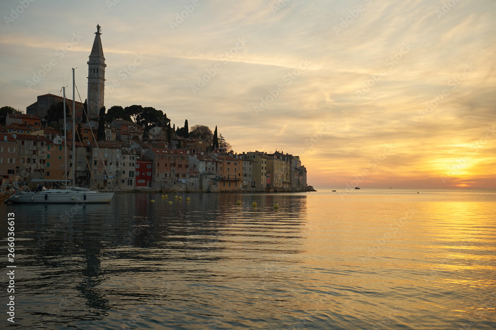 Rovinj’s old town at sunset with the sea  in Istria Peninsula, Croatia