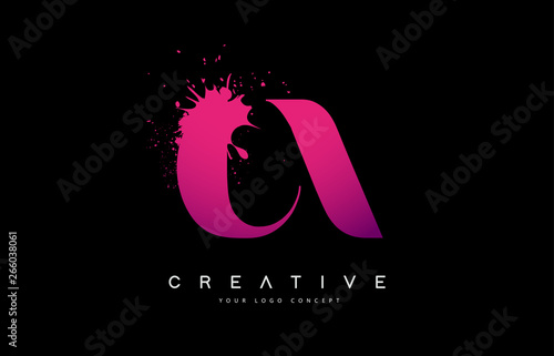 Purple Pink CA C A Letter Logo Design with Black Ink Watercolor Splash Spill Vector.
