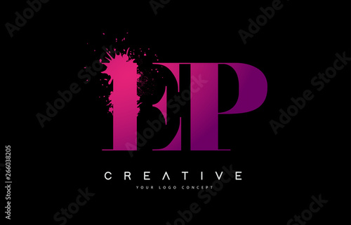 Purple Pink EP E P Letter Logo Design with Ink Watercolor Splash Spill Vector.