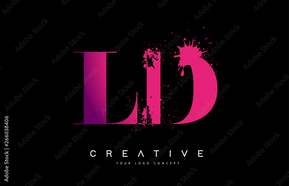 Purple Pink LD L D Letter Logo Design with Ink Watercolor Splash Spill Vector. - obrazy, fototapety, plakaty 