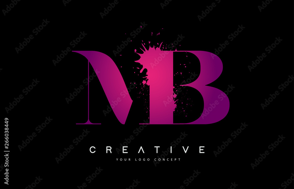 Purple Pink MB M B Letter Logo Design with Ink Watercolor Splash Spill ...