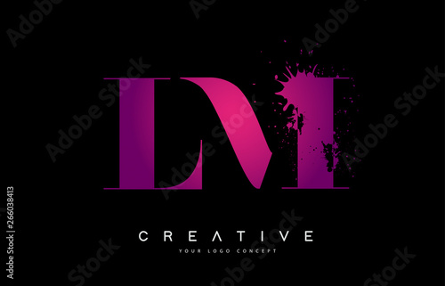 Purple Pink LM L M Letter Logo Design with Ink Watercolor Splash Spill Vector.
