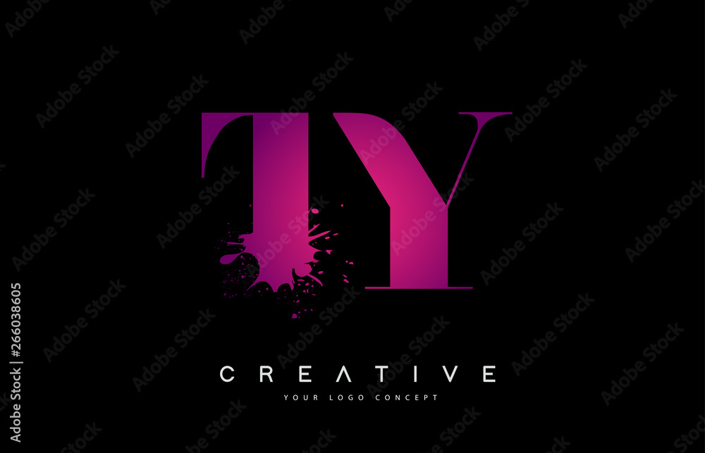 Purple Pink TY T Y Letter Logo Design with Ink Watercolor Splash Spill Vector.
