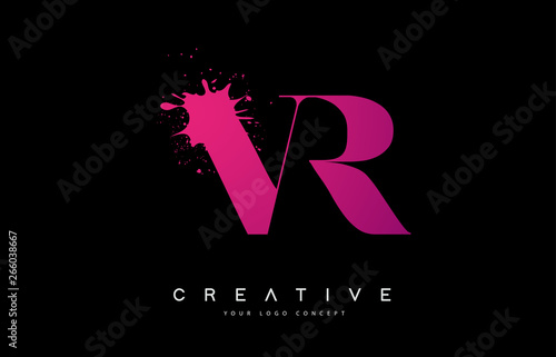 Purple Pink VR V R Letter Logo Design with Ink Watercolor Splash Spill Vector.