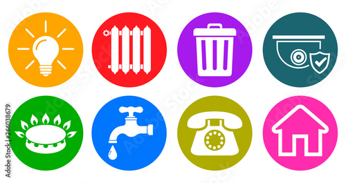 Utilities icons in flat style: water, gas, lighting, heating, phone, waste, security, rent – stock vector