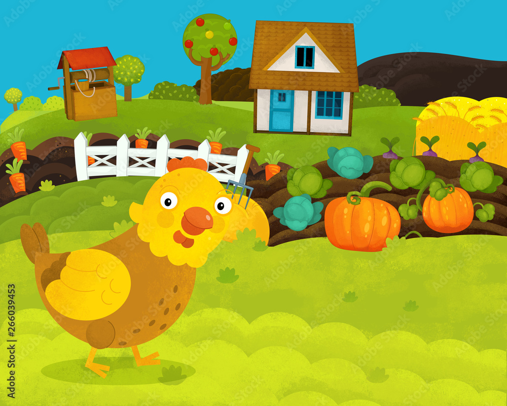 Fototapeta premium cartoon happy and funny farm scene with happy hen - illustration for children