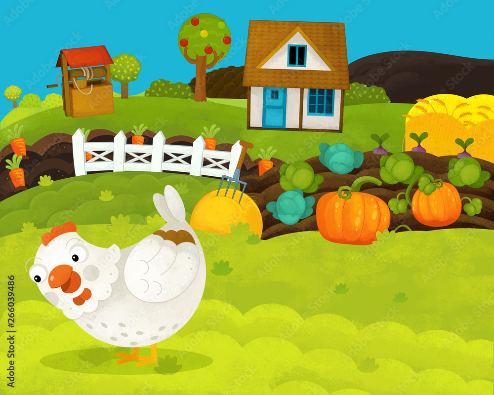 cartoon happy and funny farm scene with happy hen - illustration for children cartoon happy and funny farm scene with happy hen - illustration for children