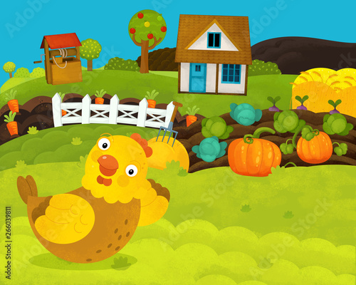 cartoon happy and funny farm scene with happy hen - illustration for children © agaes8080