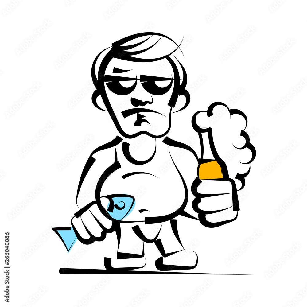 Alcoholic with beer bottle in hand vector illustration