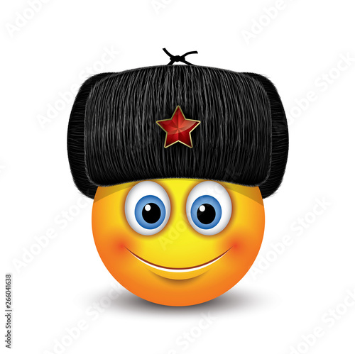 Cute emoticon wearing Russian black fur hat - ushanka - with a red star 