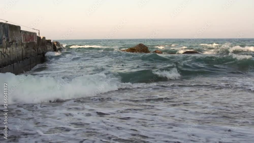Sea waves on the beach, sunny day, seagulls fly, the sound of waves, the cry of birds, yellow sand Sea waves on the beach, sunny day, seagulls fly, the sound of waves, the cry of birds, yellow sand