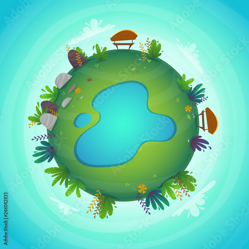 arround the world circular panorama park forest view miniature planet concept with grass field . green peace nature , plants and flowers . ecology concept illustration . funny cheerful landscape