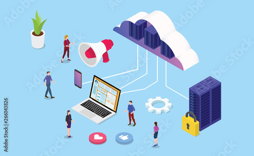isometric web or website hosting business service with team people and server computer - vector