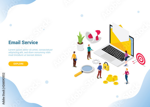isometric email service or services concept for web or website template landing homepage banner - vector
